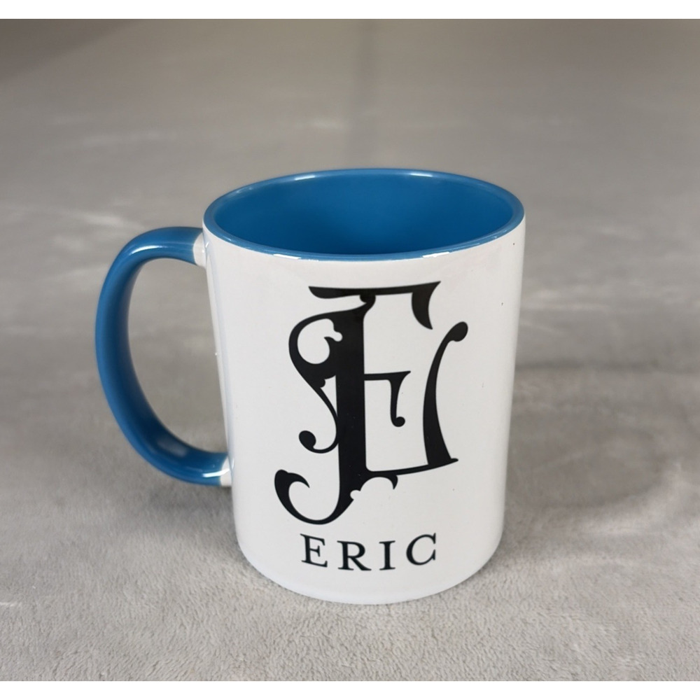 Personalized "E" Eric Gift Coffee Mug Ceramic Cup 11oz Blue Interior Blk Letters
